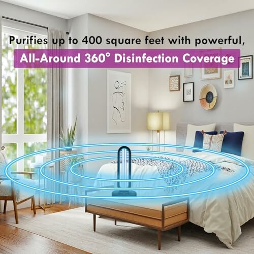 Air purifier in a bedroom showcasing 360-degree disinfection coverage.