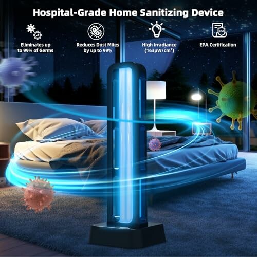 Hospital-grade home sanitizing device in bedroom with glowing light and germ illustrations.