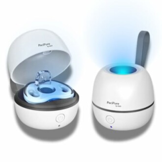 Pacifier sanitizer with open and closed views.