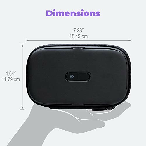 Portable black case with dimensions labeled: 7.28 inches by 4.64 inches.