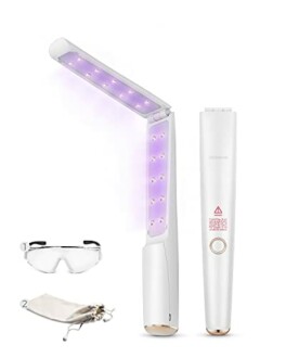 Portable UV sanitizing wand with protective glasses and pouch.