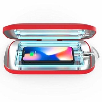 Smartphone inside a UV sanitizer case with red exterior.