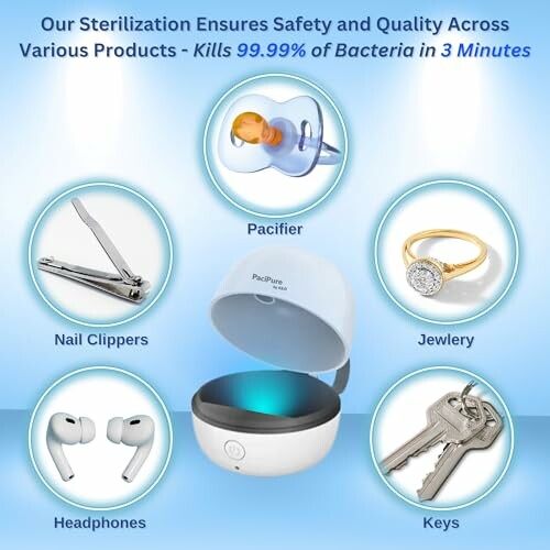 Sterilization device with pacifier, nail clippers, jewelry, headphones, and keys.