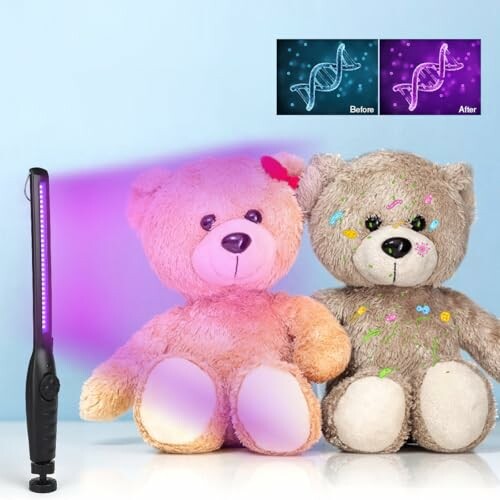 Two teddy bears illuminated by a UV light with before and after DNA illustrations.
