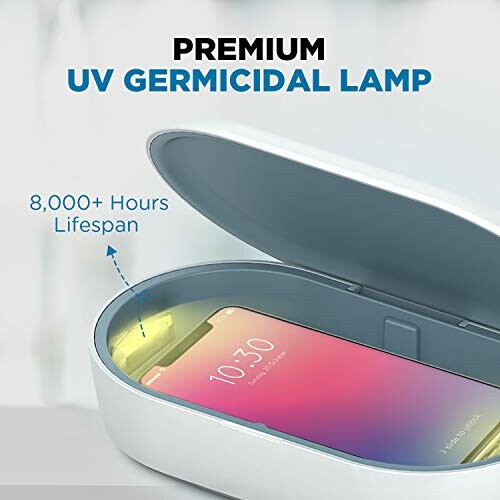 UV germicidal lamp sanitizing a smartphone inside a case.