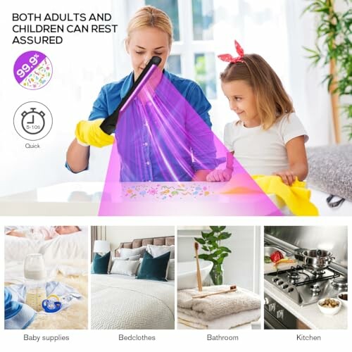 Woman using UV light for cleaning with child watching.