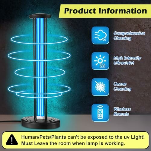 UV light disinfection lamp with features and safety warning.