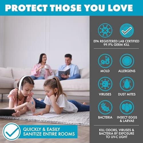 Family in living room with UV light sanitizer benefits displayed.