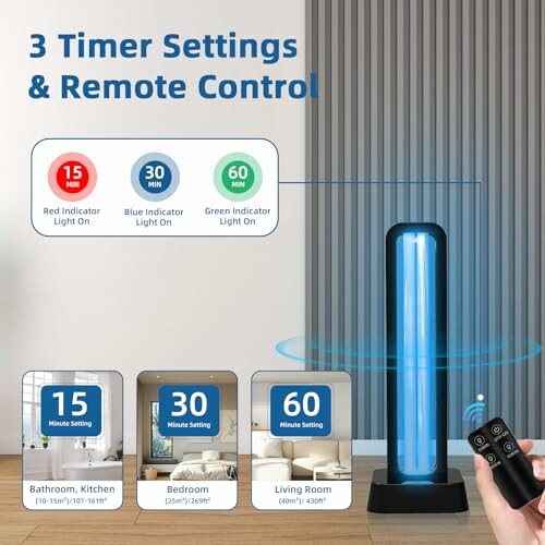 UV light with 3 timer settings and remote control, showing different room suggestions.