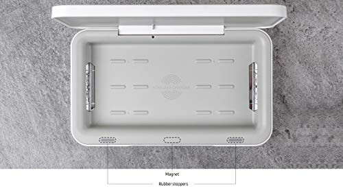 Open UV sanitizer box showing interior with labels for magnet and rubber stoppers.