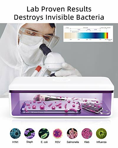 Scientist using microscope with UV sanitizer device displaying effectiveness against bacteria.