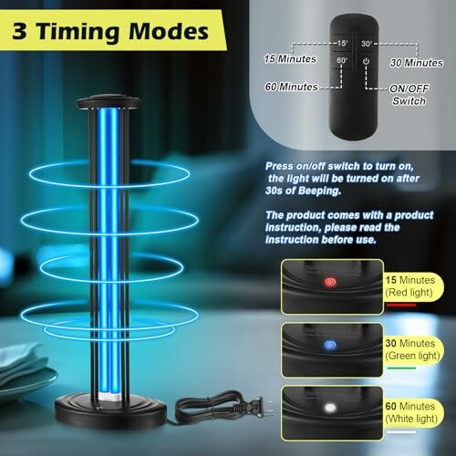 UV sanitizer lamp with 3 timing modes: 15, 30, 60 minutes, and on/off switch.