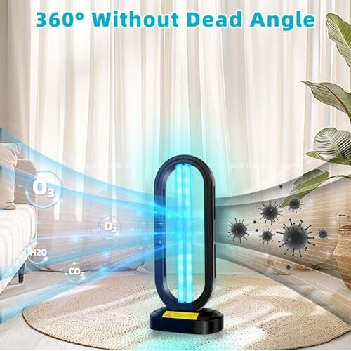 UV sanitizer lamp in a room with virus illustration and text '360° Without Dead Angle'.