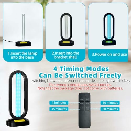 UV sanitizer lamp with remote control and four timing modes.