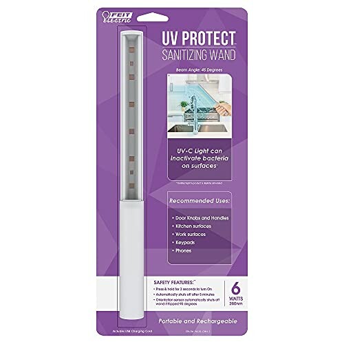 UV sanitizing wand with packaging showing features and uses.