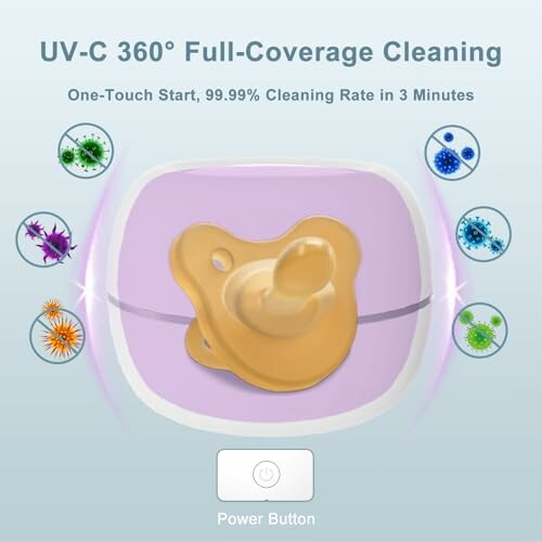 UV-C 360 pacifier cleaner with bacteria illustrations.