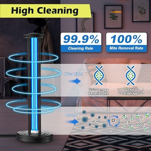 UVC light device showing 99.9% cleaning and 100% mite removal rates.