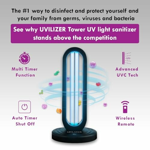 UVILIZER Tower UV light sanitizer with features like multi timer, advanced UVC tech, auto timer shut off, and wireless remote.