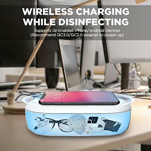 Wireless charging station disinfecting phone and accessories.